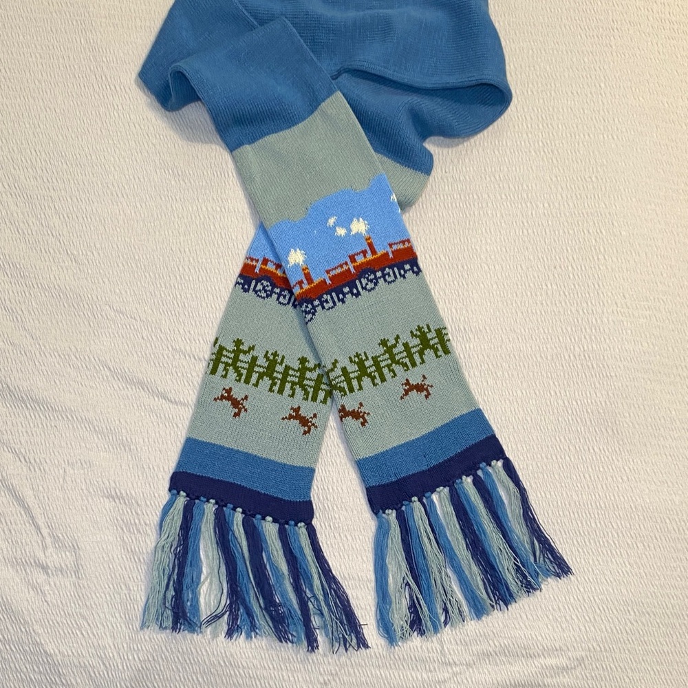 Vintage Collage Knit Scarf Blue Gray Train Cowboy‎ Railroad Whimsical Twee